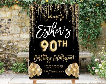 90th Birthday Sign, Birthday Welcome Sign, Gold Confetti, Balloons, 90th Birthday Decor, 80th Birthday Sign, Printable, Goldie, Printable