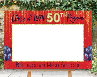 Reunion Photo Prop, 50th High School Reunion, Photo Booth Frame, 25th Reunion Sign, Selfie Frame, Class of 1974, 50th, Red Blue, Printable