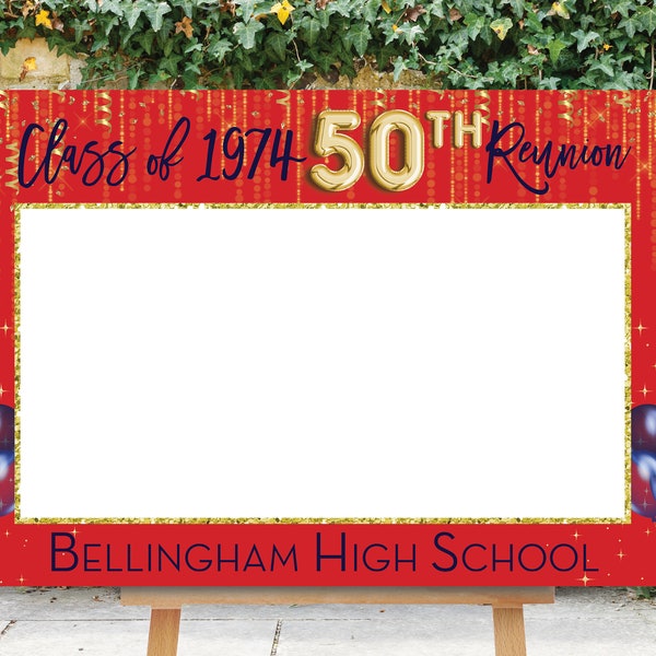Reunion Photo Prop, 50th High School Reunion, Photo Booth Frame, 25th Reunion Sign, Selfie Frame, Class of 1974, 50th, Red Blue, Printable