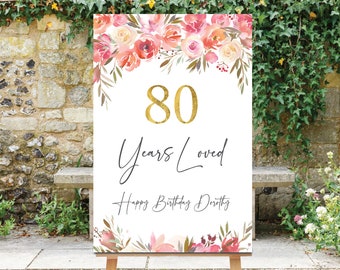 80 Years Loved Sign, 80th Birthday Sign, 80th Birthday Decor, 80th Decorations, Floral Birthday Sign, Peach Flowers, Custom Birthday Board