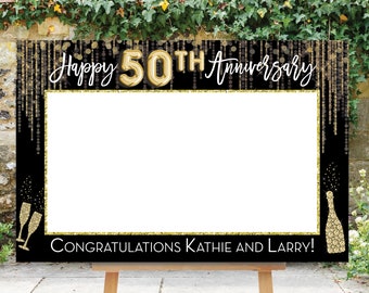 50th Anniversary Photo Booth Prop Frame, Selfie Frame, Anniversary Party Decorations, Black and Gold, Printable, Ballon, Champagne Glasses
