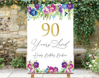 90th Birthday Welcome Sign: Purple Floral Decor (PDF & JPG)