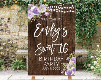 Sweet 16 Birthday Welcome Sign, Printable Birthday Party Sign, Lavender Flowers, Wood Rustic, String Lights, Sweet Sixteen Purple, Sally