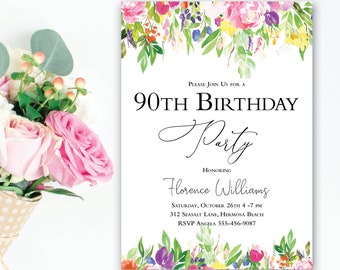 90th Birthday Invitation, 70th 80th Birthday Invite, Floral 90th Party, Flowers Invitation, Adult Birthday, 90th Birthday Party, Printable