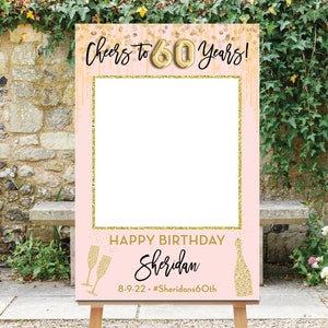 Birthday Photo Prop, 60th Birthday Sign, Photo Booth Prop Frame, 60th Selfie Frame, Pink and Gold, Printable, Ballon, Champagne Bottle