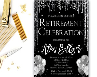 Retirement Party Invitation, Black Silver Invite, Retirement Dinner Invitation, Personalized, Printable, Retirement Celebration, 5x7 Silvie