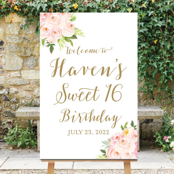 Sweet 16 Birthday Welcome Sign, Birthday Party Sign, Pink Sweet 16 Sign, Sweet Sixteen Board, Blush Pink Flowers, Sweet 16 Decoration, Bella