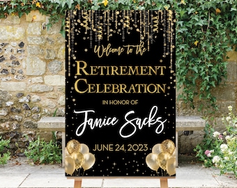 Retirement Party Welcome Sign, Black Gold Decor, Retirement Dinner, Personalized, Printable, Retirement Sign, Black and Gold Sign, Goldie