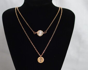 Personalized Golden Initial Set of 2 • Short/Long Layering Pearl Charm Necklace Initial Tag Monogram Layer Stacked Delicate Necklace