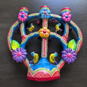 8.5&quot; Vintage Handpainted Mexican Tree of Life Candle Holder Candelabra Folk Art Bright Colorful with Birds Flowers and Floral Leaf Designs