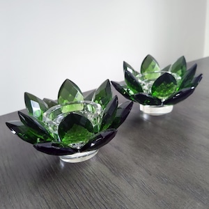 2x Sorelle Vintage MCM Lotus Candle Holder in Faceted Crystal Emerald Green