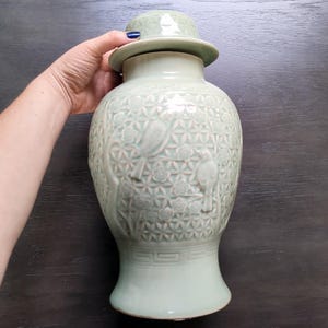 Wildwood Home Celadon Pastel Green Glazed Ginger Jar Table Lamp Base with Floral Fauna Engraving