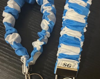 Blue and white checkered scrunchie keychain wristlet