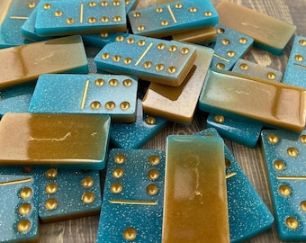 Turquoise and Gold handmade resin Dominoes.