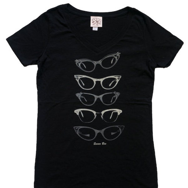 Verkauf! Luu Brille Tshirt V Hals schwarz Größe S M L XL Sonnenbrillen Vintage Cat eyes Rockabilly 50