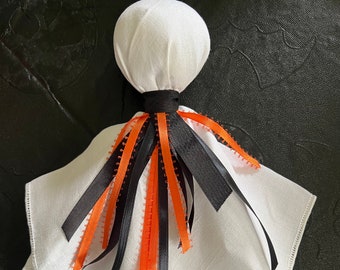 Vintage Linen Hanging Ghost, Halloween, Orange and Black, Fabric Ghost Decoration, Spooky Halloween Spirit