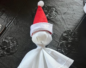 Vintage Linen Hanging Christmas Ghost, Santa Hat Ghost Decoration, Spooky Halloween Spirit, Red and White Santa Hat