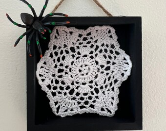 Vintage Crochet Doily Spider Web, Halloween, Spider Decoration, Spooky