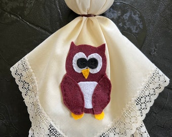 Vintage Linen Hanging Ghost Holding an Owl, Halloween, Fabric Ghost Decoration, Spooky Halloween Spirit