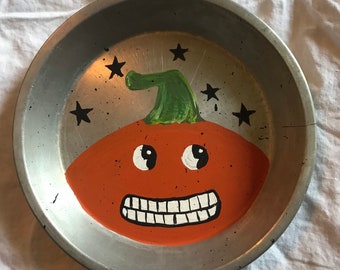 Vintage Hand Painted Pie/Cake Tin, Primitive, Halloween, Pumpkin Decoration, Spooky Halloween Jack o lantern