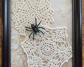 Vintage Crochet Doily Spider Web Picture, Halloween, Spider Decoration, Spooky