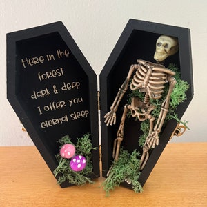 Here in the Forrest Dark & Deep, Skeleton in Coffin with Moss and Mushrooms, Halloween, Skeleton Decoration, Spooky Halloween Decoration