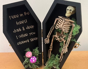 Here in the Forrest Dark & Deep, Skeleton in Coffin with Moss and Mushrooms, Halloween, Skeleton Decoration, Spooky Halloween Decoration