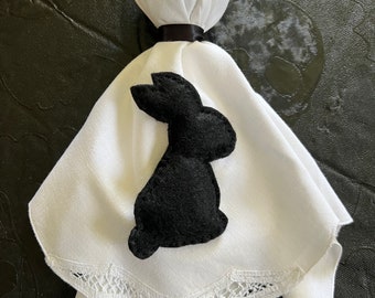 Vintage Linen Hanging Black Bunny Rabbit Ghost, Easter, Springoween, Fabric Ghost Decoration, Spooky Halloween Spirit