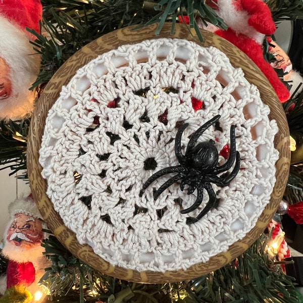 Vintage Crochet Doily Spider Web Christmas Ornament, Christmas Tree Ornament, Halloween, Spider Decoration, Spooky