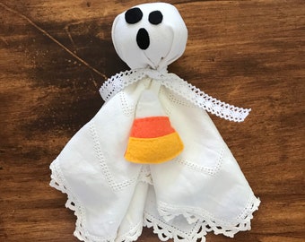 Vintage Linen Hanging Ghost, Halloween, Fabric Ghost Decoration, Spooky Halloween Spirit, Candy Corn