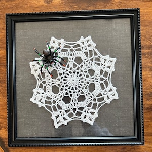 Vintage Doily Spiderweb Picture Frame, Spider Decoration, Spooky Halloween Spider