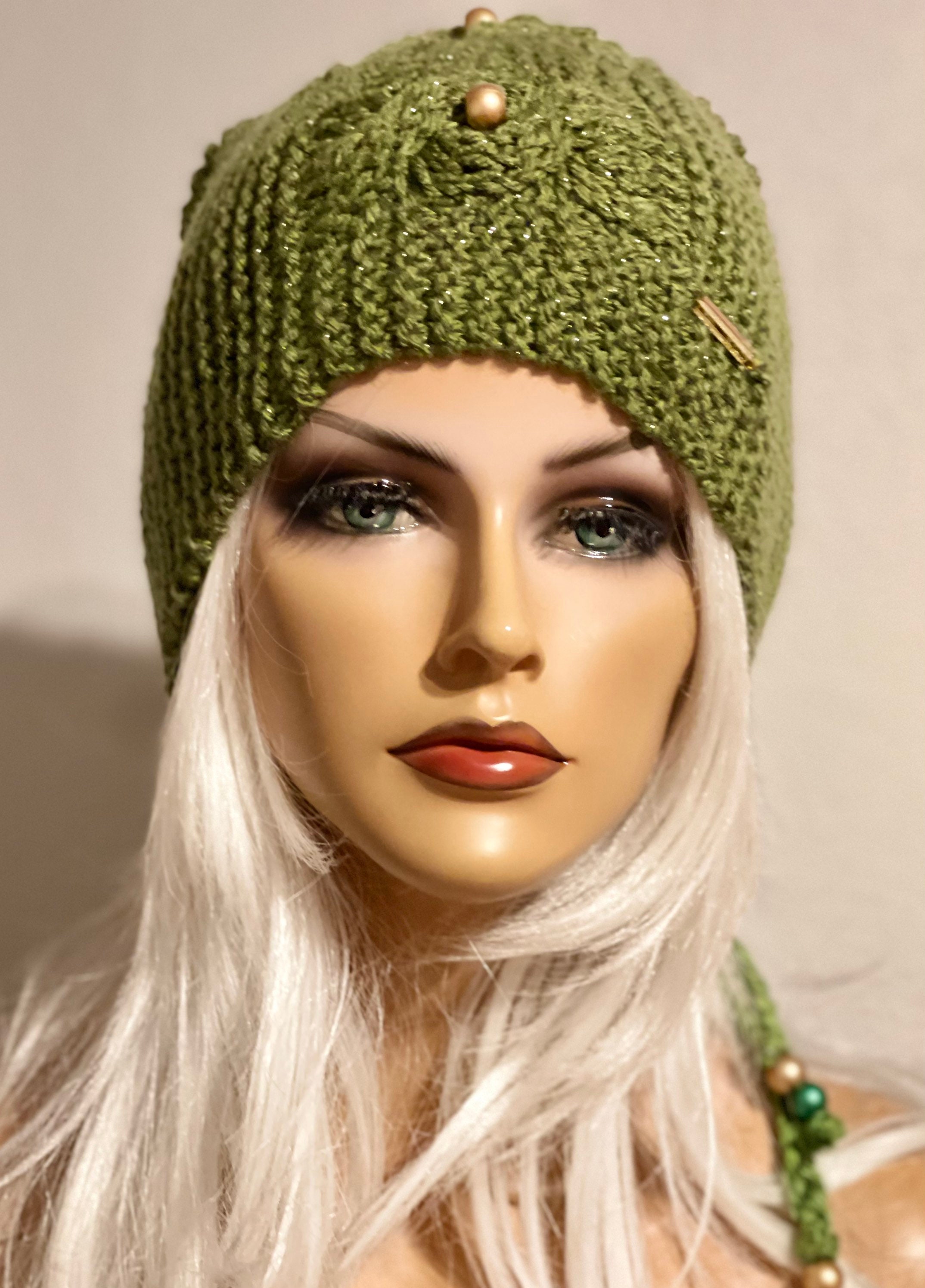 Hand Knits 2 Love Slouch Hat Beanie Cap Dedigner Olive Army Green Braids Hip Tie Hand Knits 2 Love Slouch Beanie Hat Cap Braids Beads Tie  main image 3