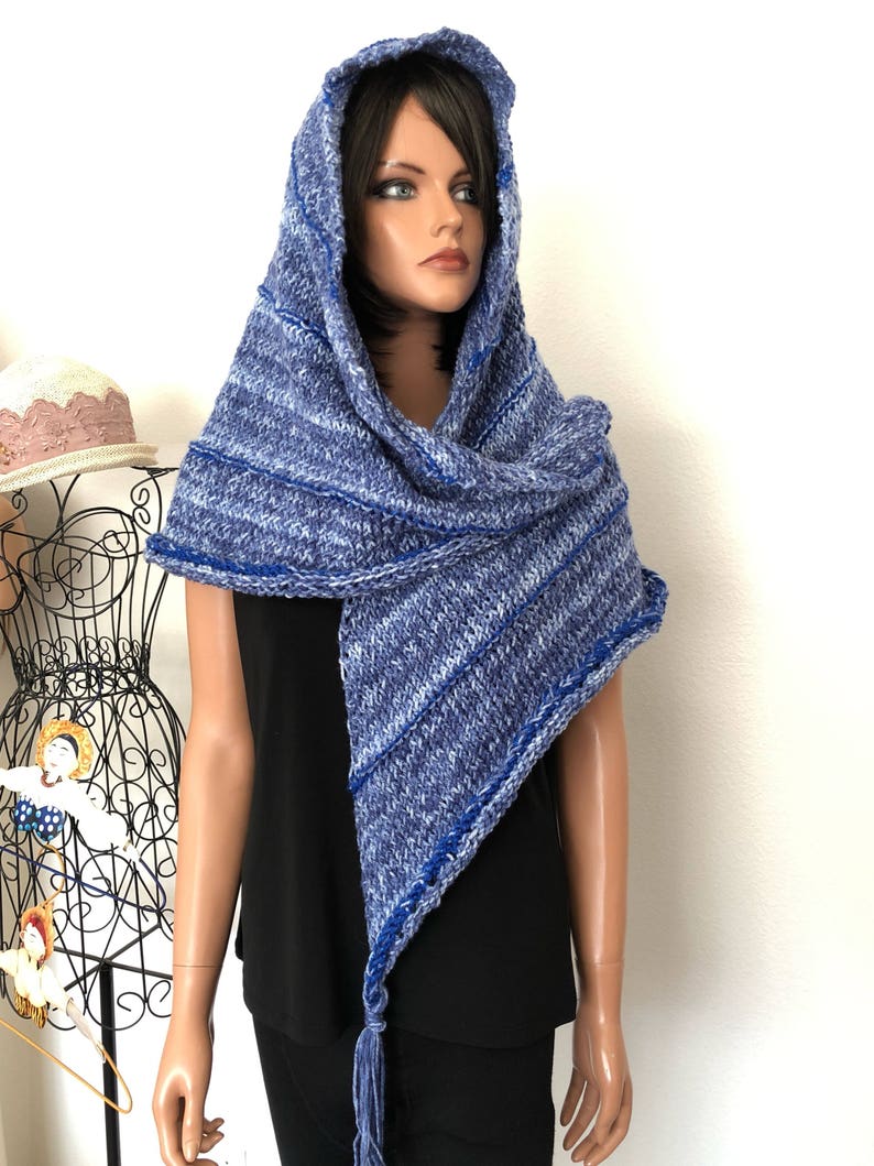 Hand Knits 2 Love Shawl Wrap Designer Fashion Fringes Denim Blues Ombre Four Seasons Gift Birthday Shower Cowl Hip Western Female Soft Cozy image 4