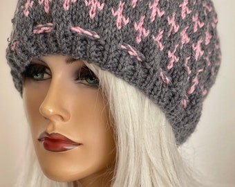 Hand Knits 2 Love Beanie Hat Cap Fair-isle Designer Adjustable Fit Pink Grey Hip Hand Knits 2 Love Beanie Hat Cap Fair-isle Designer Fashion  main image 4