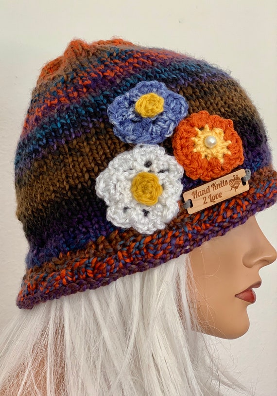 TWO Knit Beanies with Floral Bead Design Like New! Hand Knits 2 Love Hat Beanie Cap Flowers Pearl Beads Sky  main image 3