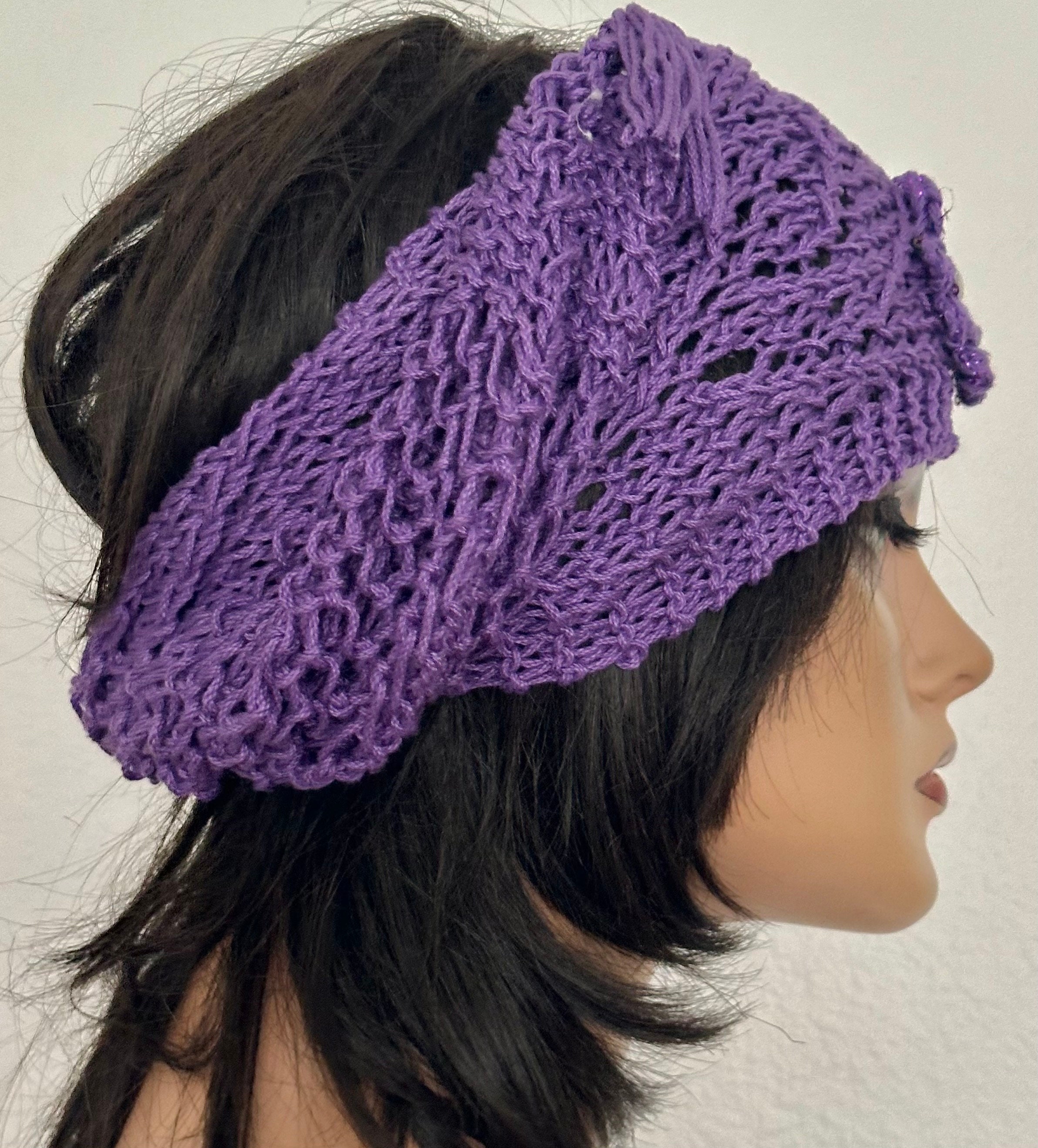 Hand Knits 2 love Cotton Headband Bandana Headwrap Flowers Tassels Purple Chic Hand Knits 2 Love Headband Bandana Headwrap Flowers Lacey  main image 3