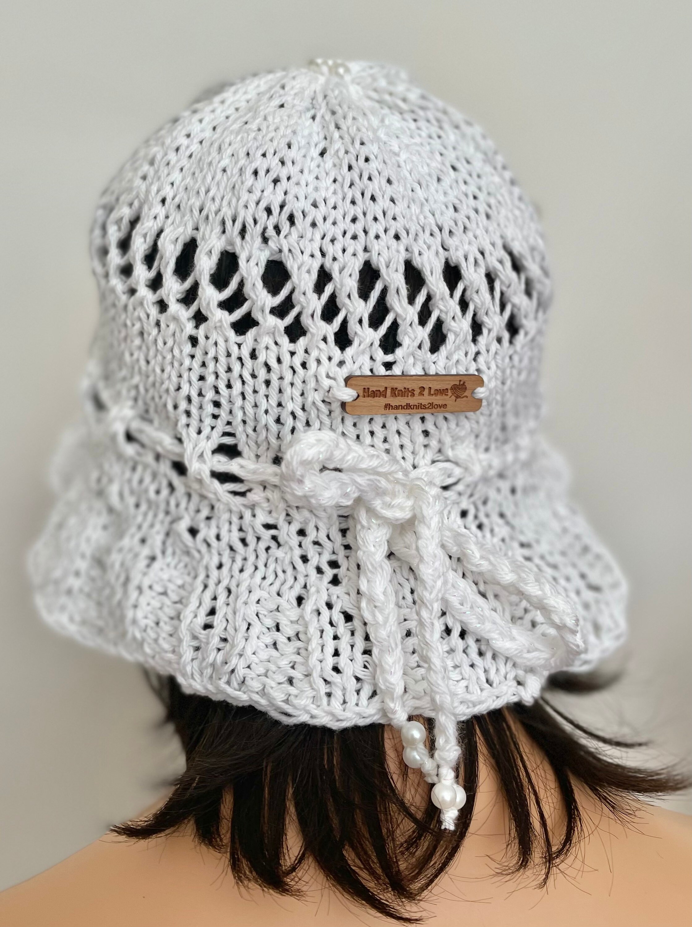Hand Knits 2 Love Cotton White Brim Hat Cap Lace Pearl Beads  display picture 3