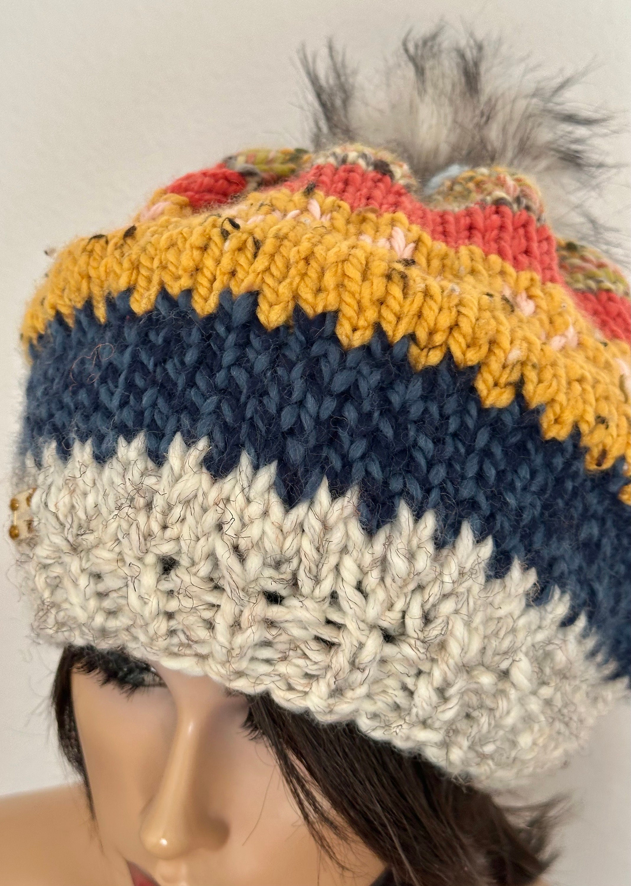 Hand Knits 2 Love Beanie Slouch Cap Faux Fur Pom Pom Semi 