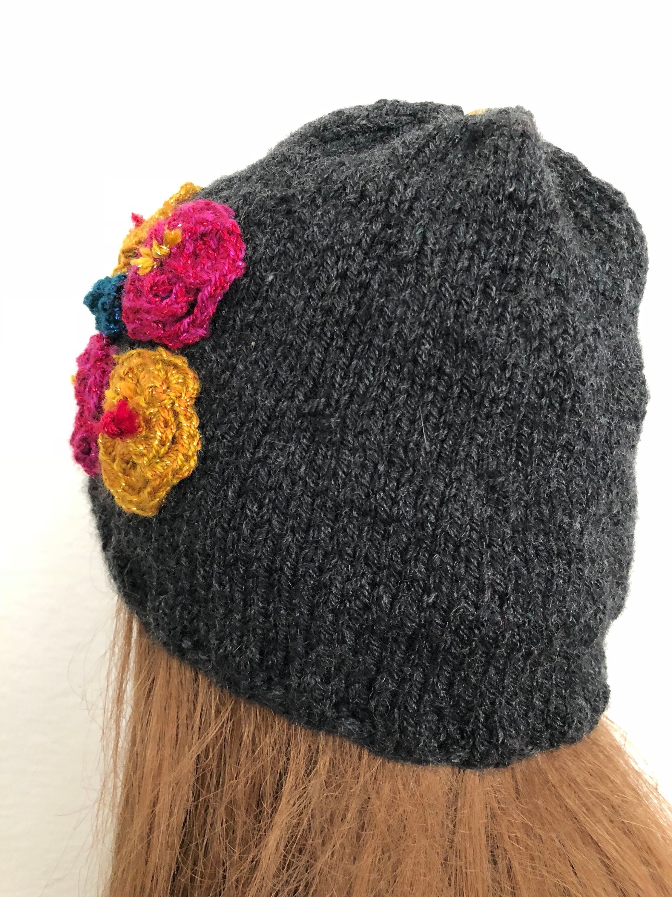 Hand Knits 2 Love Hat Beanie Cap Flowers Gold Designer  display picture 2