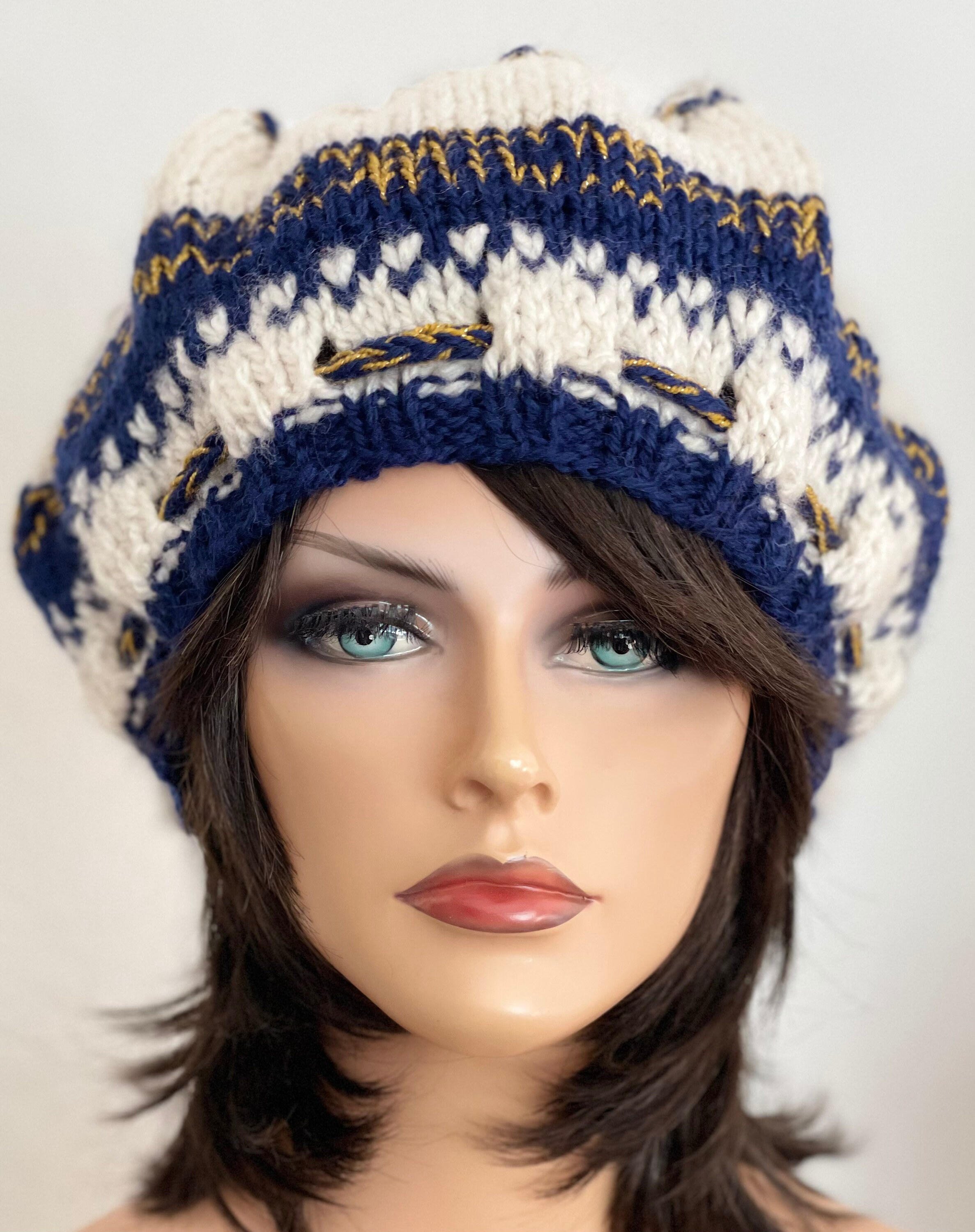 Hand Knits 2 Love Slouch Hat Beanie Cap Adjustable Fit Designer Navy White Gold Hand Knits 2 Love Slouch Beanie Hat Cap Adjustable Fit  main image 2