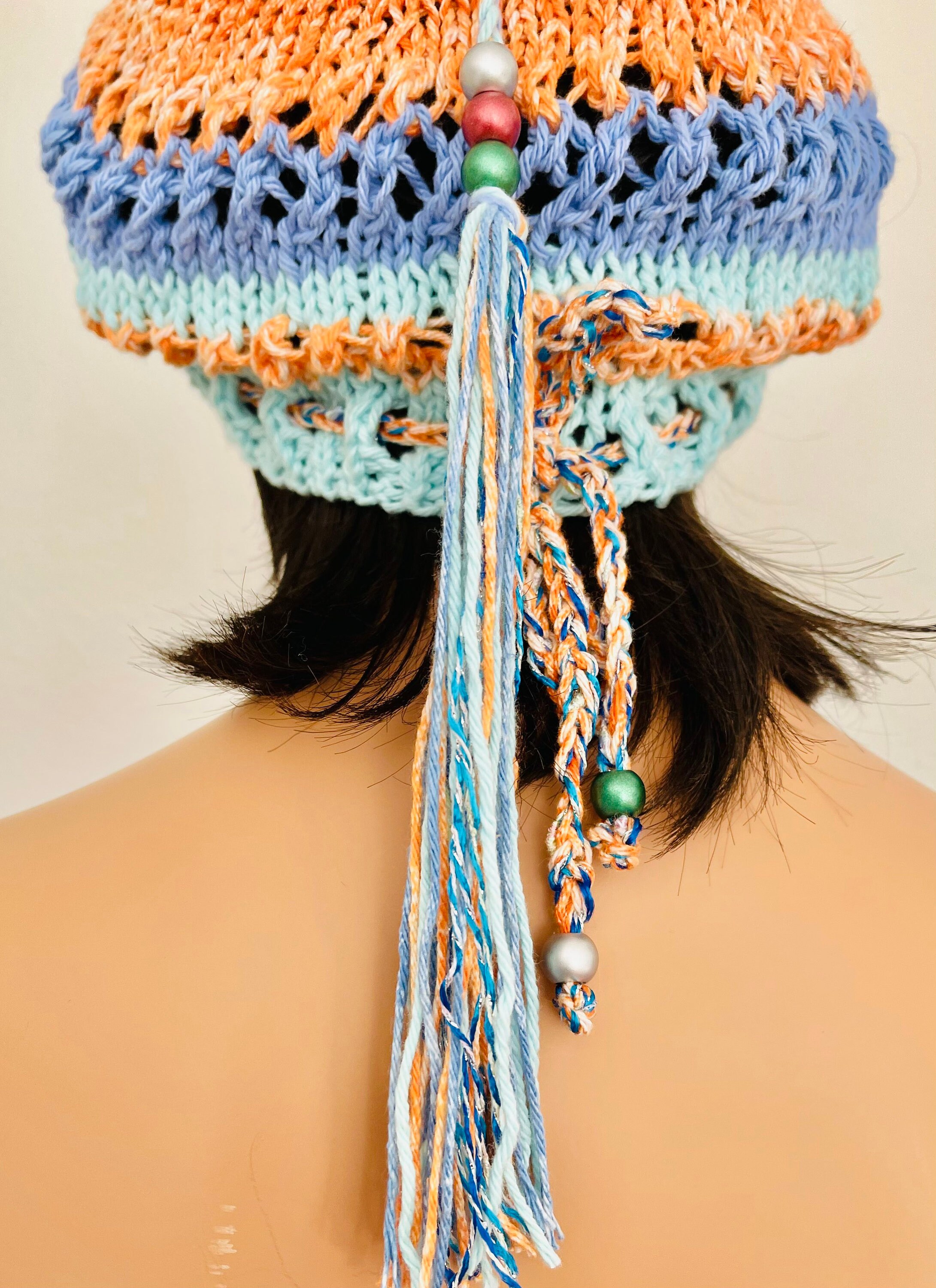 Hand Knits 2 Love Cotton Slouch Hat Lace Adjustable Fit Tassel Bead Designer Hand Knits 2 Love Cotton Slouch Hat Cap Tam Lace Long Tassel  main image 2
