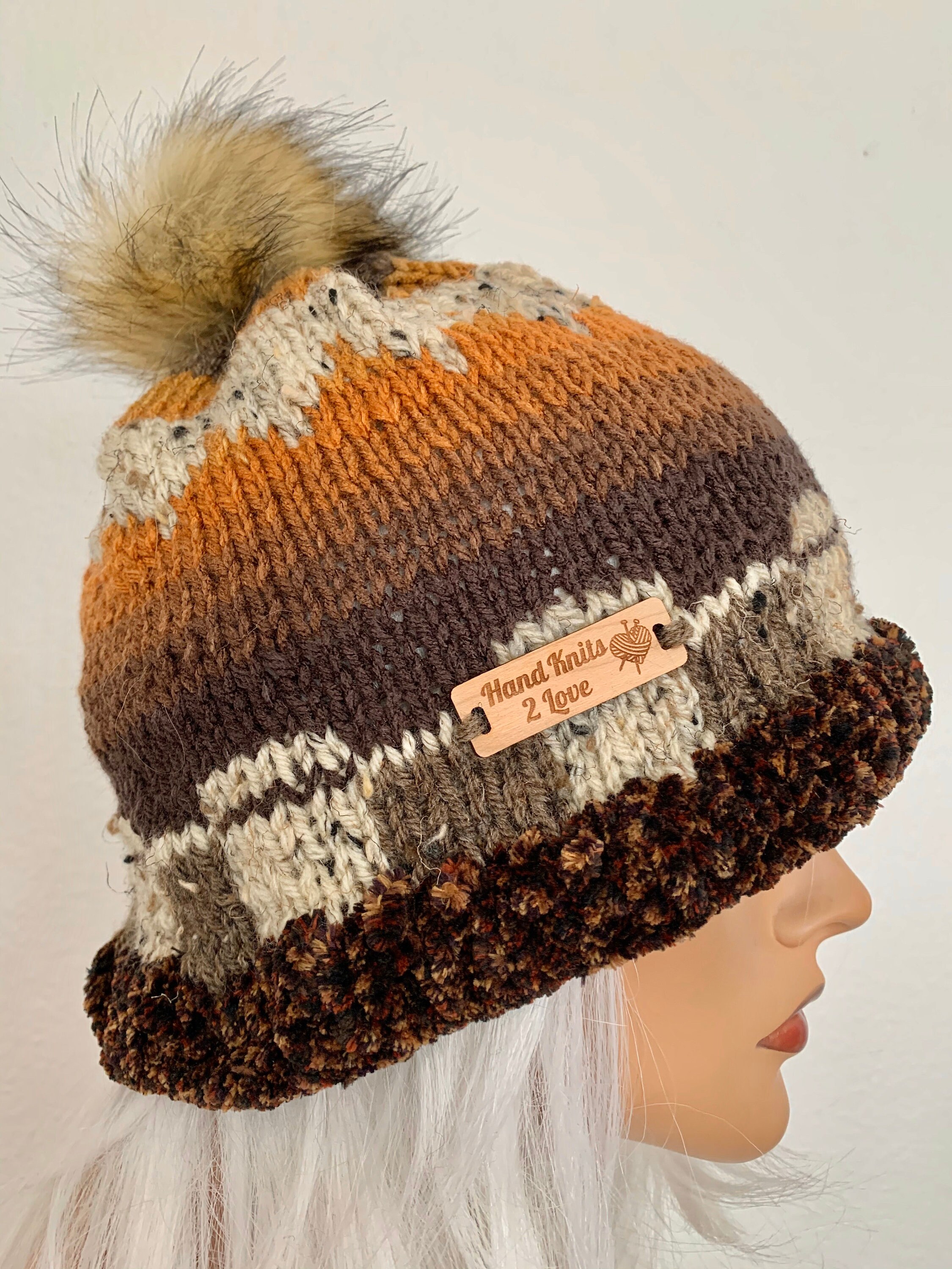 Hand Knits 2 Love Slouch Beanie Hat Fair-isle Faux Fur Pom Pom Ombré Designer Hand Knits 2 Love Slouch Beanie Hat Cap Fair-isle Faux Fur  main image 4