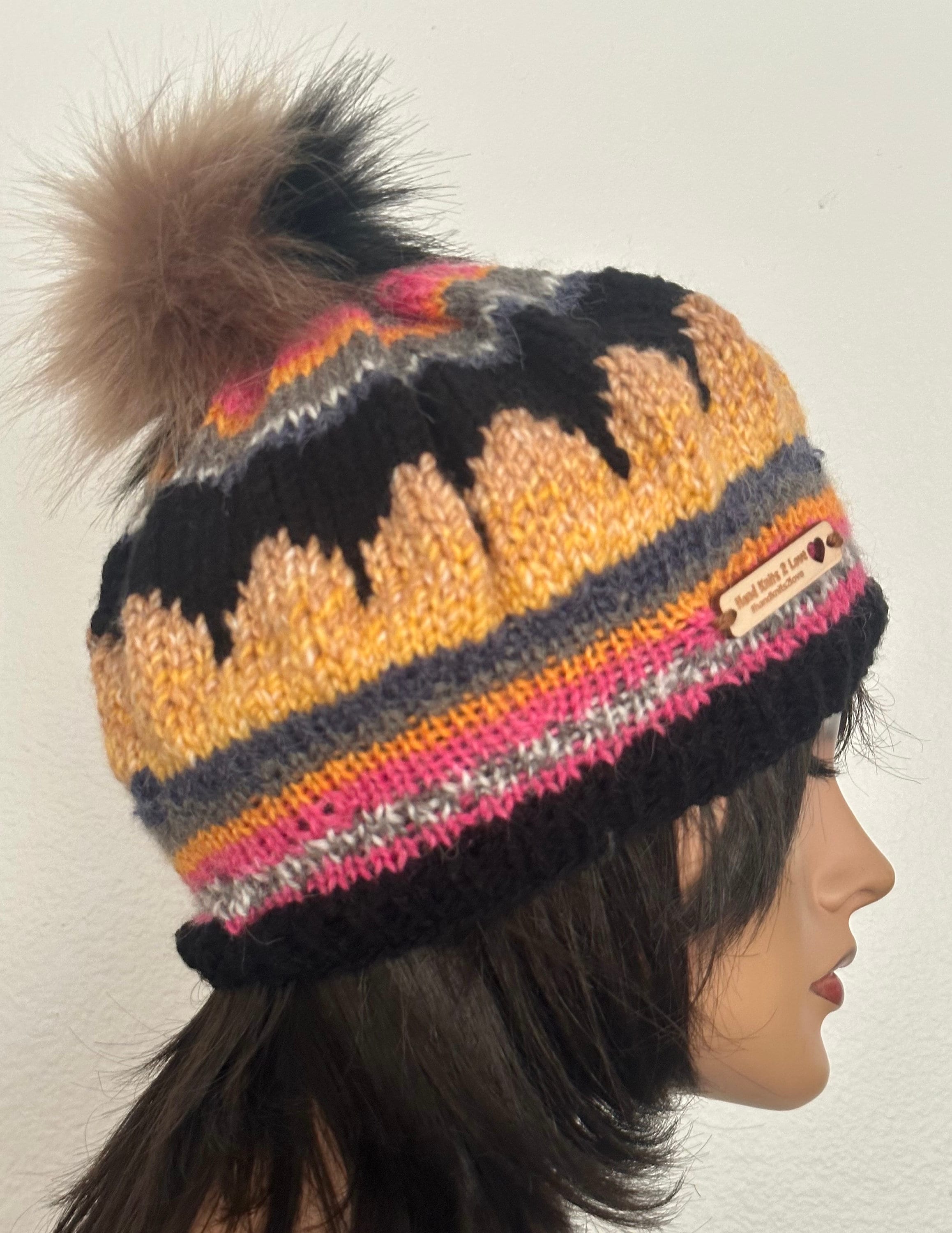 Hand Knits 2 Love Slouch Hat Beanie Cap Fair-isle Designer Faux Fur Pom Pom Hip Hand Knits 2 Love Slouch Beanie Hat Fair-isle Faux Fur Pom  main image 4