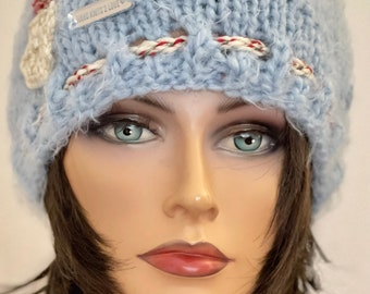 Hand Knits 2 Love Hat Beanie Cap Flowers Pearl Beads Sky  display picture 2