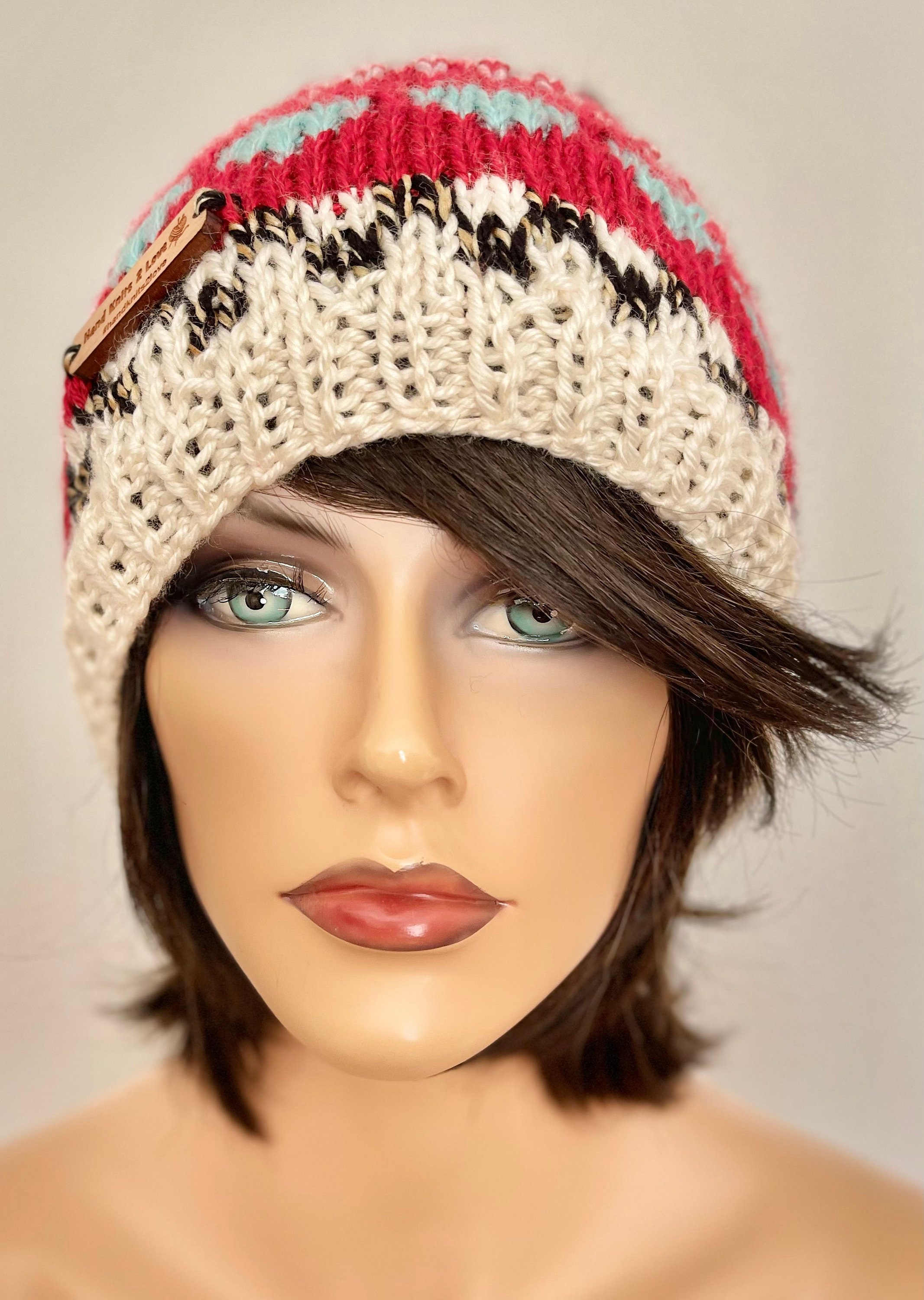 Hand Knits 2 Love Beanie Hat Cap Slouch Hearts Homes Fair-isle Designer Faux Pom Heartthrob Beanie – Double Brim Knit Hat with Fair Isle  main image 4