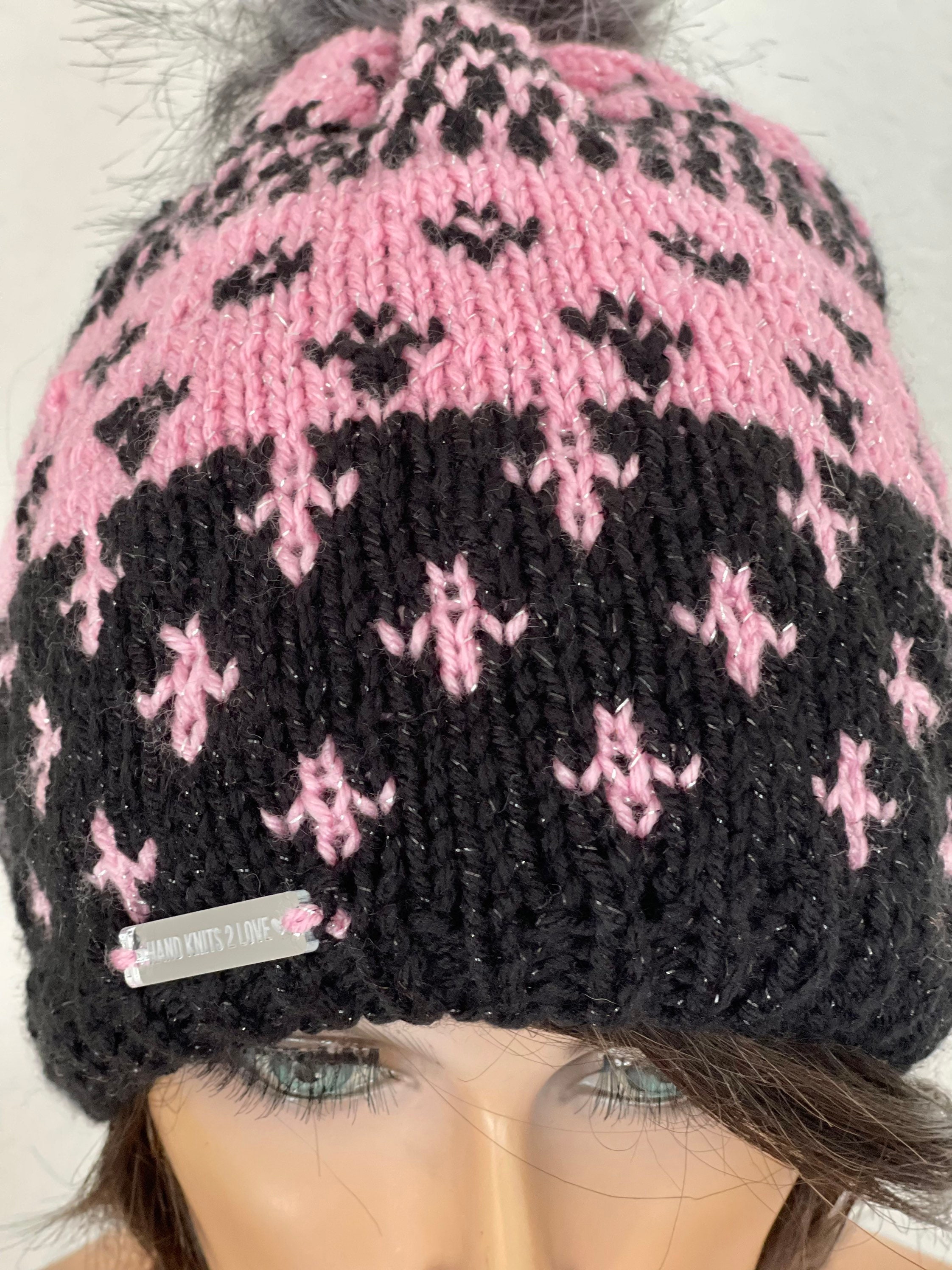 Hand Knits 2 Love Beanie Hat Cap Ombre Pom Pom Hip Hand Knits 2 Love Slouch Beanie Hat Fair-isle Faux Fur Pom  main image 3