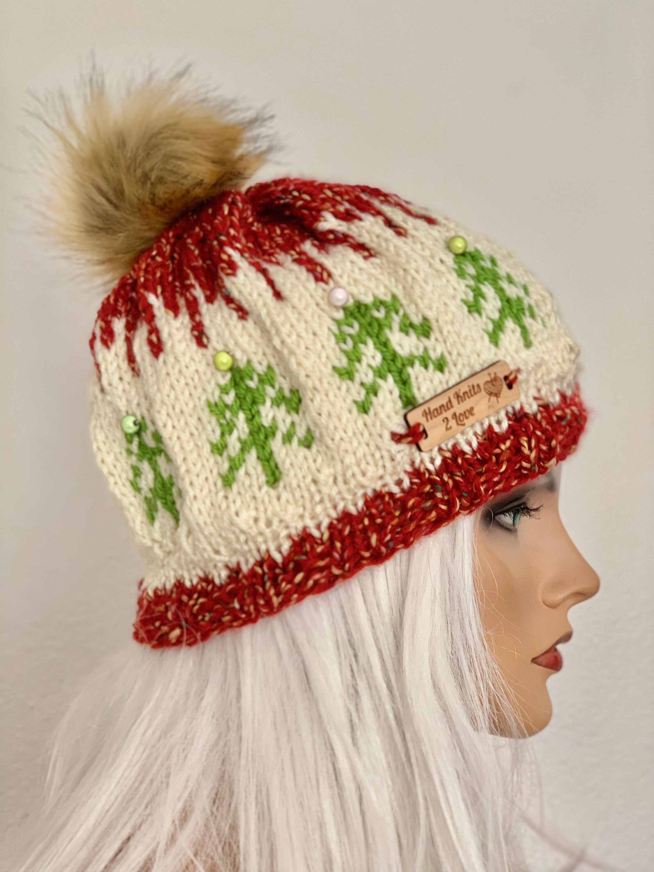 Hand Knits 2 Love Slouch Beanie Hat Christmas Trees Hearts Adjustable Fit Design Hand Knits 2 Love Beanie Hat Slouch Cap Handmade Designer  main image 3