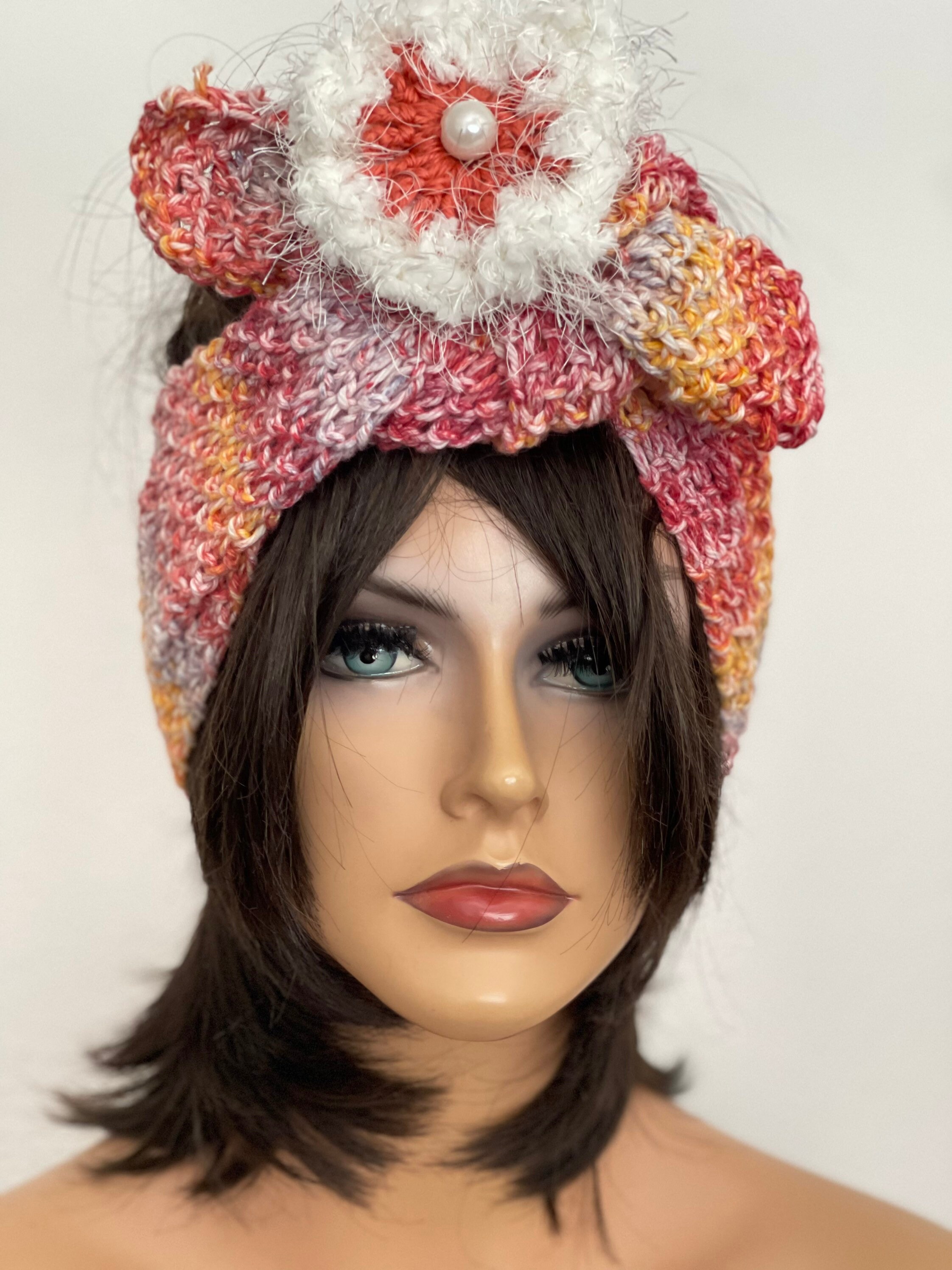 Hand Knits 2 Love Cotton Bandana Headband Turban Cotton Ombre Blues Flower Bead Hand Knits 2 Love Cotton Headwrap Bandana Headband Ombré  main image 3