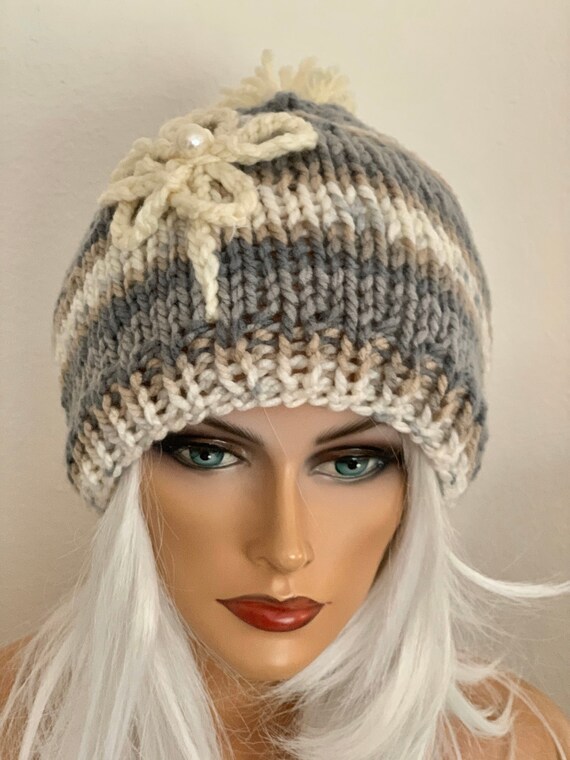 Hand Knits 2 Love Slouch Beanie Hat Cap Flower Pearl Bead  display picture 3