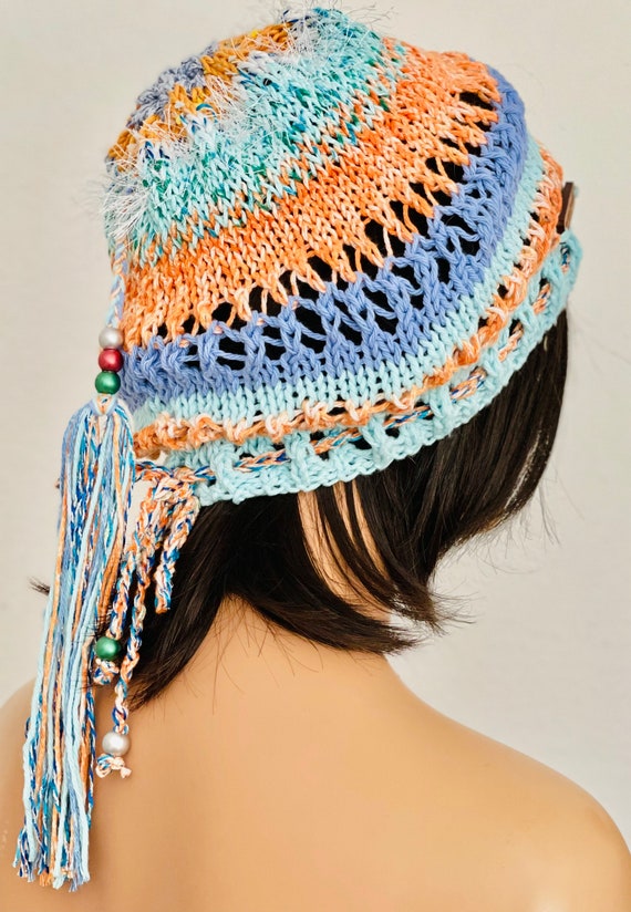 Hand Knits 2 Love Cotton Slouch Hat Cap Tam Lace Long Tassel 